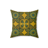 Boho Leaf Throw Pillow, Tropical Botanical Decorative Cushion, Mustard and Teal Geometric Accent Pillow for Living Room or Bedroom Decor