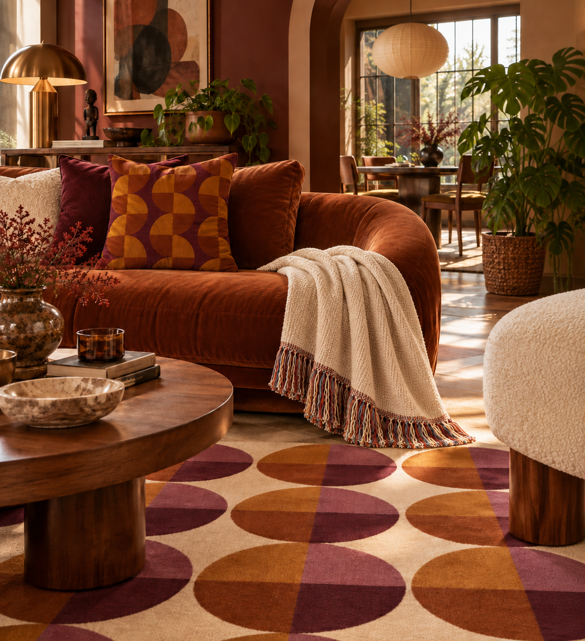 A cozy living room scene featuring a rust-brown velvet sofa with patterned throw pillows and a cream fringed throw blanket, set on a geometrically patterned rug with large circles in rust, purple, and beige. A round wooden coffee table is in the foreground, and a dining area is visible in the background.