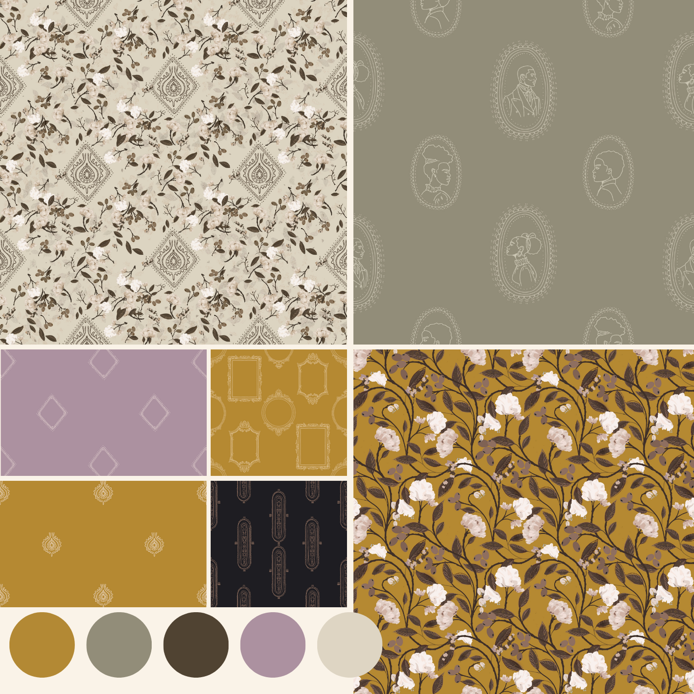 Collection of various floral and geometric patterns with color swatches.