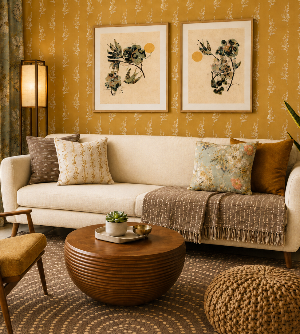 A styled living room featuring a cream sofa with patterned and solid throw pillows, a round wooden coffee table, a mustard yellow armchair, and a textured brown pouf, set against a backdrop of patterned mustard wallpaper and two framed botanical prints.