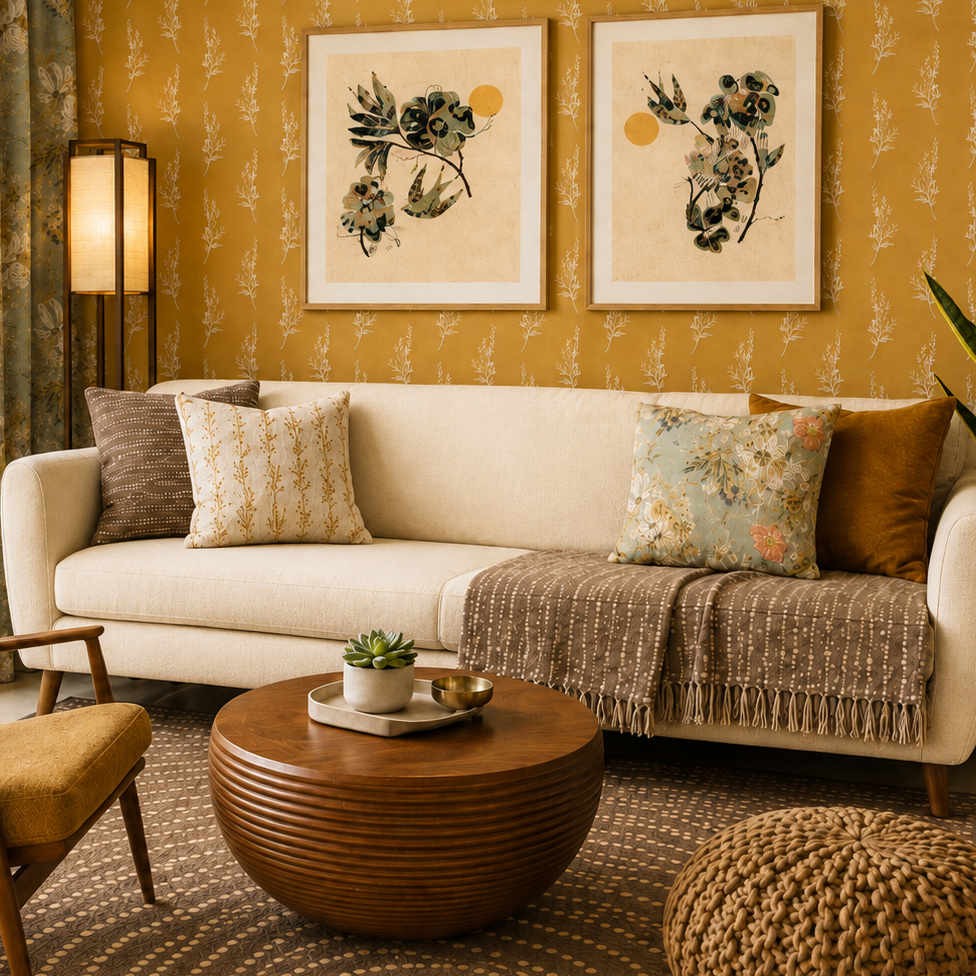 A styled living room featuring a cream sofa with patterned and solid throw pillows, a round wooden coffee table, a mustard yellow armchair, and a textured brown pouf, set against a backdrop of patterned mustard wallpaper and two framed botanical prints.